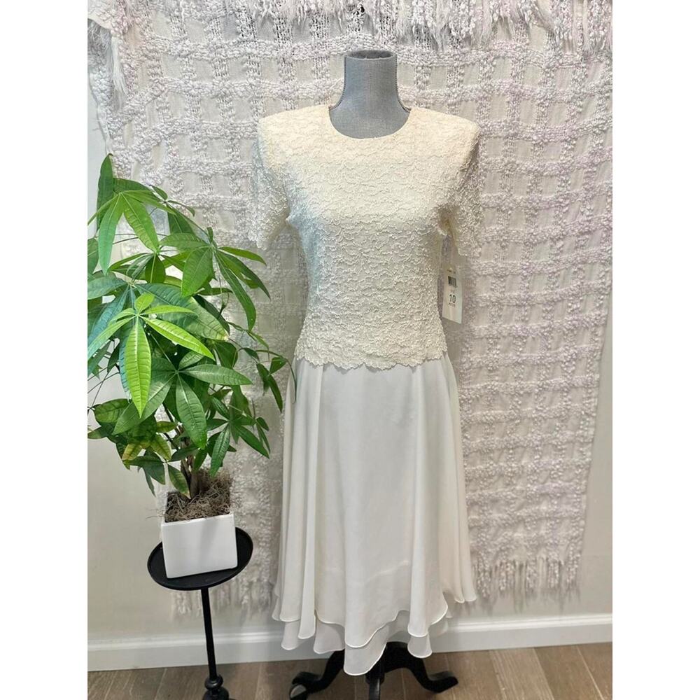 Vintage 80s Dress Wedding Midi lace short sleeve modest women 10Petite fit flare